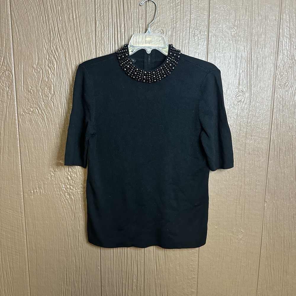 Talbots Beaded Mock Neckline Black Knit Sweater Top Sz S Classy Formal Old Money